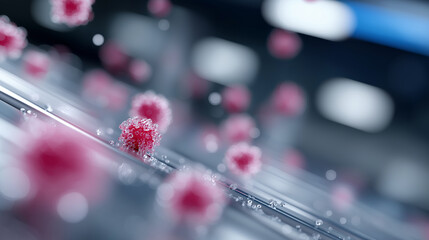 Futuristic immunology laboratory with glowing holographic antibodies and antigens, AI systems analyzing immune responses live, and robotic assistants managing samples across neon-lit sterile surfaces