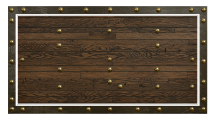 Wooden Surface with Brass Studs: A detailed close-up shot of a wood plank surface. The image is enhanced by the metallic accents of brass studs around the wooden frame.