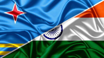 High-quality national flags of India and Aruba blended together on silky fabric, representing collaboration between the two countries
