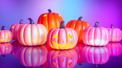 Group of carved halloween pumpkins with glowing faces isolated on white background