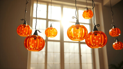Decorative glass pumpkin lights hanging in front of a window isolated on white background