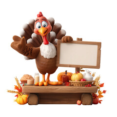 Funny cartoon turkey character standing on a wooden stand with a blank sign and autumn harvest decorations isolated on transparent background