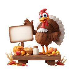 Cartoon thanksgiving turkey character holding a blank sign with autumn harvest decorations isolated on transparent background