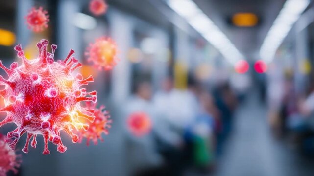 Invisible Threat: A chilling visualization depicts the unseen danger of viruses spreading within a public transport setting.