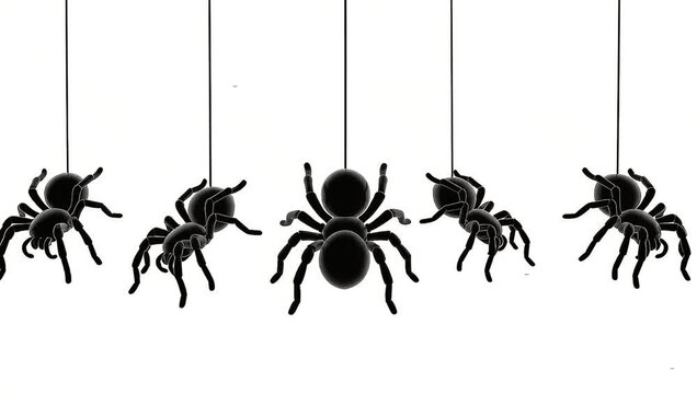 Five Black Spiders Hanging and Dangling Animation on White Background.