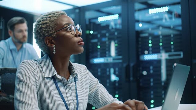 Focused african american female it specialist with light hair, eyeglasses at sleek workstation. Towering server racks with pulsing blue/green LEDs in modern data center. Concept of data processing, - Powered by Adobe