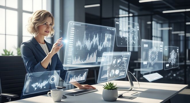 Woman analyzing data on holographic displays in modern office. - Powered by Adobe