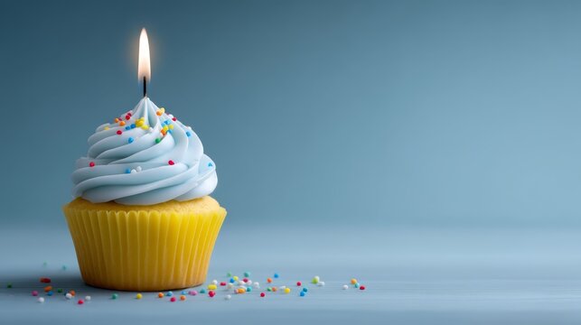 Sweet celebration cupcake with candle on top festive cupcake glowing candle ideal for celebrations