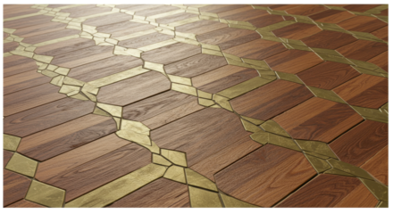 Geometric Wooden Floor: An artistic perspective showcasing a patterned wooden floor, meticulously crafted with intricate geometric designs.