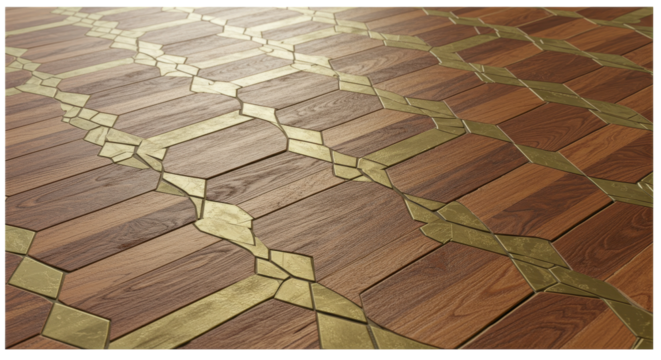 Geometric Wooden Floor: An artistic perspective showcasing a patterned wooden floor, meticulously crafted with intricate geometric designs.