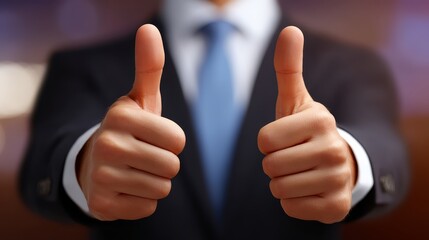 Professional man in suit shows approval with thumbs up gesture confident businessman in suit signals success and agreement