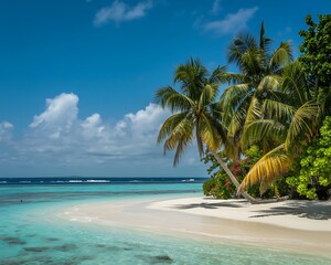 Fototapeta premium Tropical beach with palm trees and turquoise water in maldives