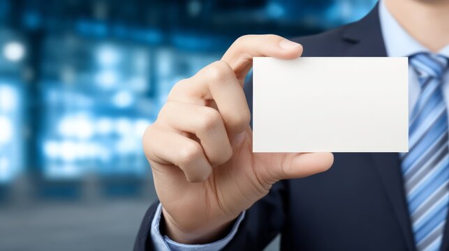 Business professional holding card ready for exchange businessman in formal attire offers his contact details