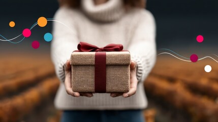 Joyful woman presents elegant gift box warmly perfect present for celebration moments with loved ones