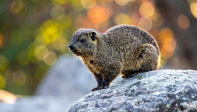 A small, furry animal, perched atop a rock, gazes intently with its round eyes. Bokeh backlighting adds warmth