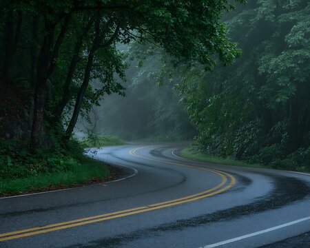 Winding forest road on a foggy rainy day