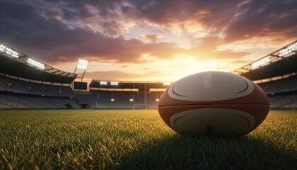 A rugby ball resting on vibrant green grass field under dramatic golden sunset sky inside a bright stadium background