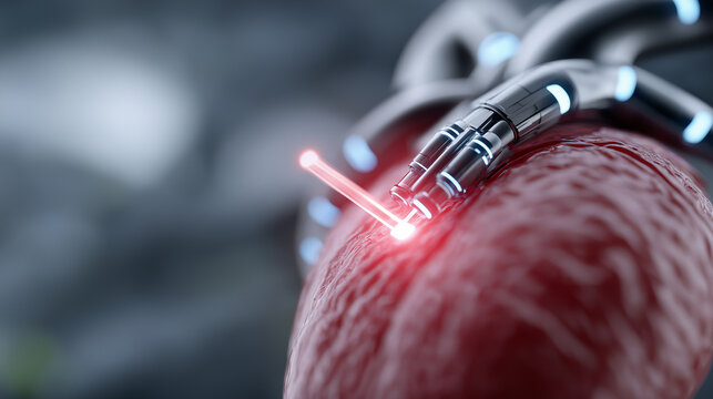 Cutting-edge biomedical illustration of red and blue autonomous nanobots conducting internal vascular repair with holographic monitoring systems displaying real-time activity in a highly detailed orga - Powered by Adobe