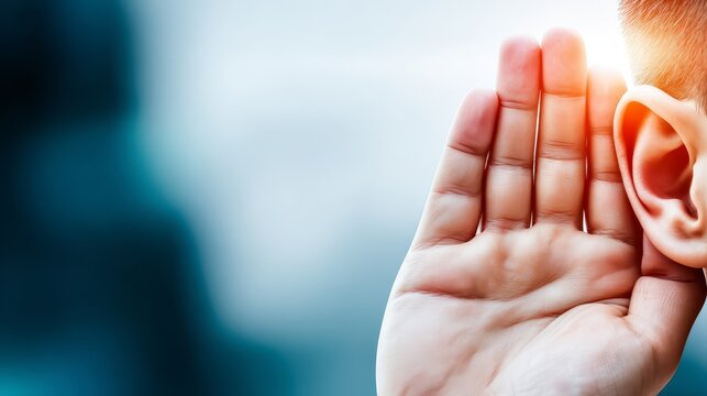 Man listens intently hand to ear hearing silence person holds hand to ear focusing on sound deep concentration - Powered by Adobe