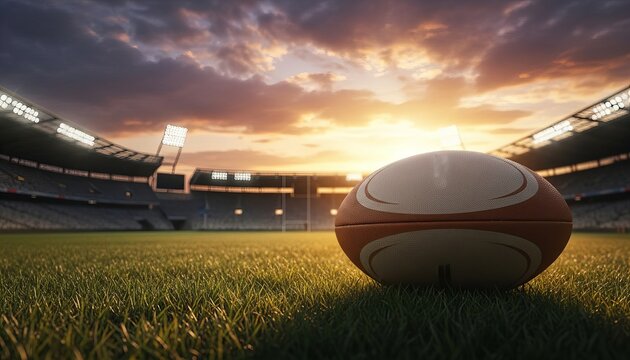 A rugby ball resting on vibrant green grass field under dramatic golden sunset sky inside a bright stadium background - Powered by Adobe