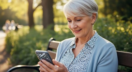 Senior woman using smartphone on park bench, staying connected.