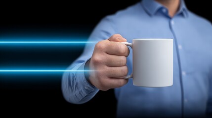 Man in blue dress shirt extends his hand forward holding plain white mug which is flanked by two horizontal glowing blue lines on dark background