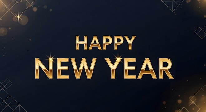 Happy new year text in gold letters against dark blue background - Powered by Adobe