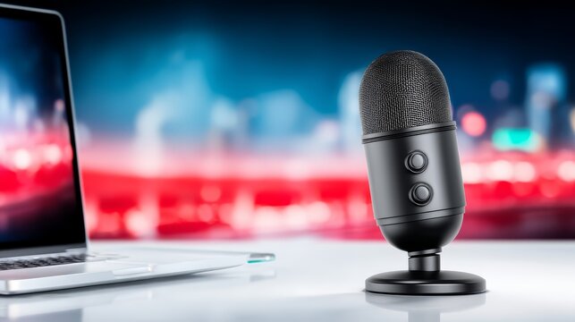 Microphone and laptop setup for audio recording compact home studio with microphone and laptop for creators