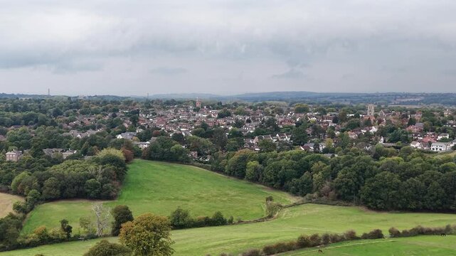 Aerial view over farm fields Epping Town centre Essex UK