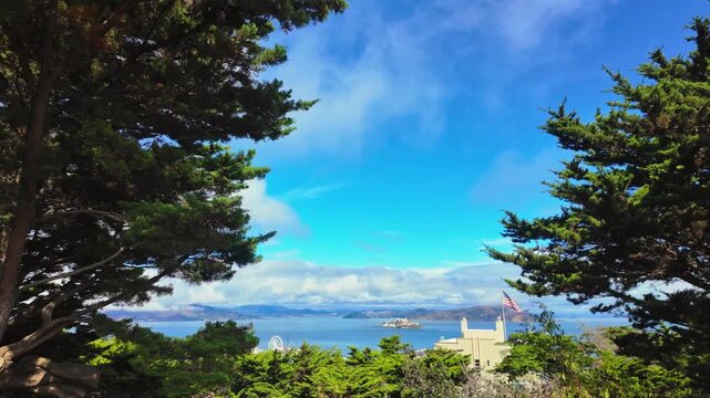 View from Telegraph Hill in San Francisco with Alcatraz and US flag in the background