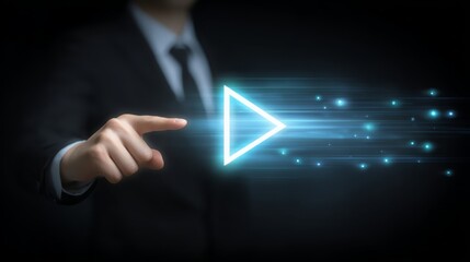 Businessman points blue arrow showing clear direction executive points upward showing growth future success