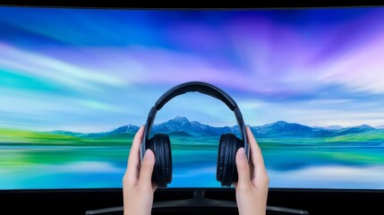 Person views tv holds headphones enjoys audio individual enjoys screen holds headset for immersive sound