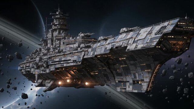 A massive spaceship navigates through a field of asteroids and a ringed planet