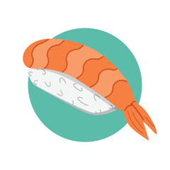 Ebi Sushi Illustration. Delicious Ebi nigiri sushi with a boiled shrimp placed on top of rice. Perfect for Japanese restaurant menus, Asian food promotions, or sushi-themed designs