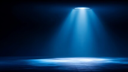 Blue light illuminates space from ceiling fixture ambient blue glow creates calm serene atmosphere