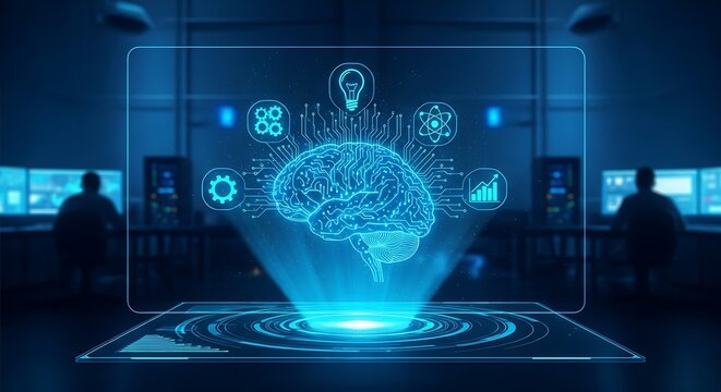 Futuristic AI Brain Hologram in a High-Tech Control Room.