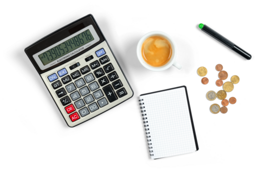 Flat lay of calculator, notebook, espresso, and euro coins — concept of finance, accounting, or budgeting. Transparent background PNG.