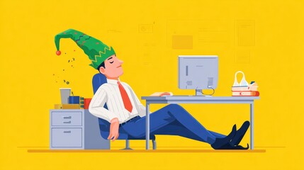 Office worker resting with elf hat