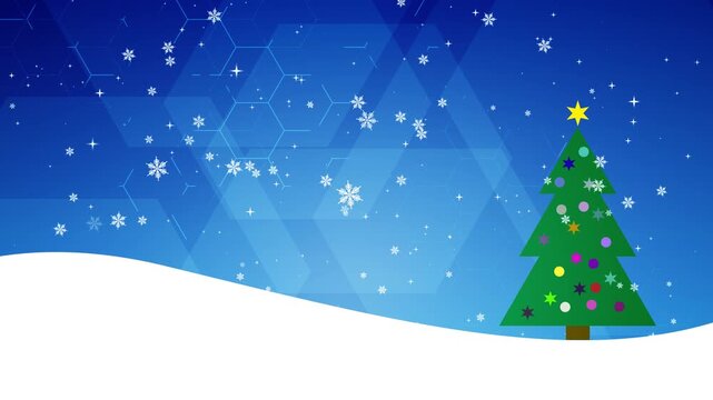 Christmas tree animation with colorful ornaments with falling snowflakes against a blue background with hexagonal technology pattern