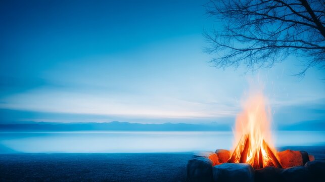 Fire on lake water mesmerizing flames illuminate night intense blaze on water dramatic fire reflection at twilight