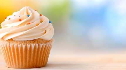 Freshly baked cupcake with creamy frosting on wood table tasty cupcake creamy frosting presented on simple table