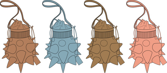 A collection of four spherical bags with drawstring closures and spiky outer textures, presented in a linear arrangement against a white background