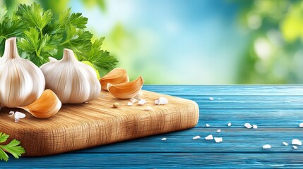 Fresh garlic parsley wooden table kitchen essentials culinary herbs on rustic table flavorful healthy cooking