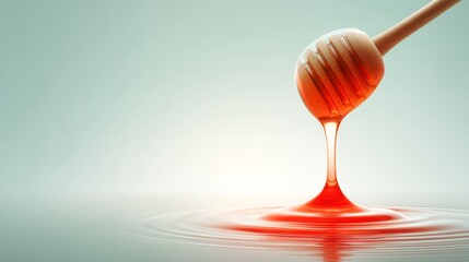 Honey dripping from wooden spoon into glass of liquid isolated on white