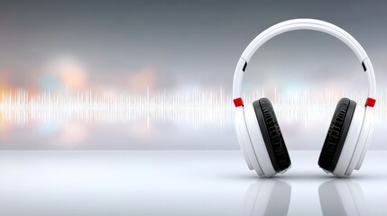 Dynamic headphones with sound waves on grey background modern headphones symbolize rich audio experience sleek grey visual
