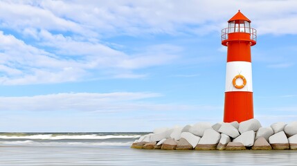Coastal lighthouse rocky shore beacon blue sky view iconic lighthouse stands on rugged rocky beach under clear blue sky