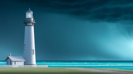 Coastal lighthouse view majestic beacon by ocean shoreline stunning lighthouse stands tall on scenic beach ocean waves