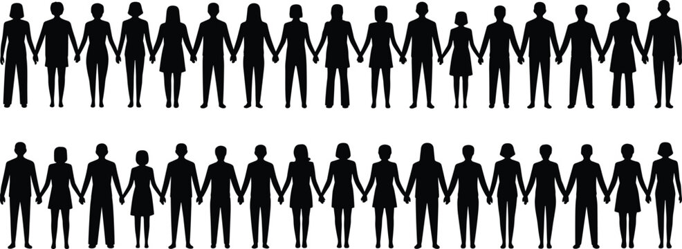 Community unity silhouettes, diverse people holding hands, teamwork illustration, social connection concept, diversity inclusion graphic, group solidarity artwork, multicultural support design