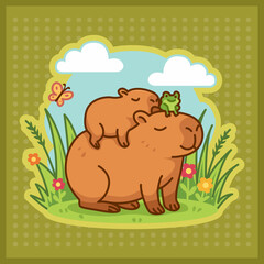 Adorable Capybara Family with a Friendly Frog in a Sunny Meadow
