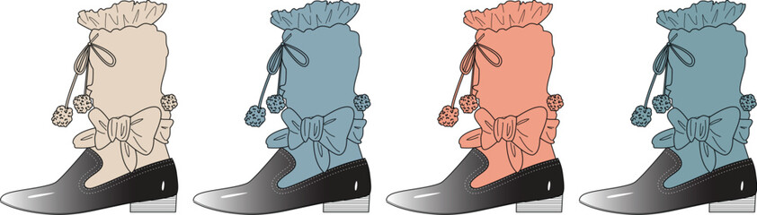 Vector illustration set of cute pastel ankle boots adorned with elaborate frilly lace socks, bows, and pom-poms for a sweet aesthetic